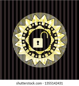 open lock icon inside gold badge or emblem