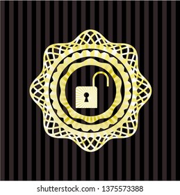 open lock icon inside gold emblem