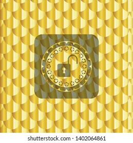 open lock icon inside gold shiny badge. Scales pattern. Vector Illustration. Detailed.