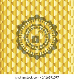 open lock icon inside gold shiny badge. Scales pattern. Vector Illustration. Detailed.