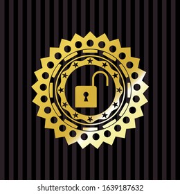 open lock icon inside gold badge or emblem