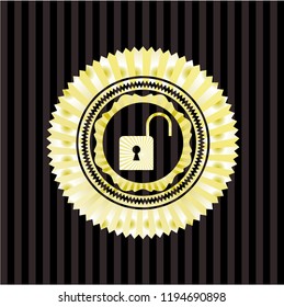open lock icon inside golden badge or emblem