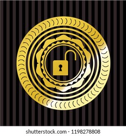 open lock icon inside golden badge or emblem