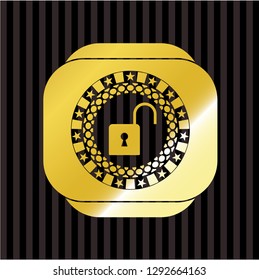 open lock icon inside golden emblem or badge