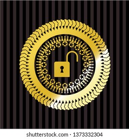 open lock icon inside golden emblem
