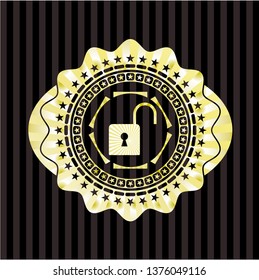 open lock icon inside golden badge or emblem