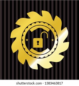 open lock icon inside golden badge or emblem