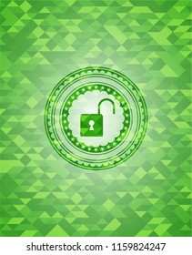 open lock icon inside green emblem. Mosaic background