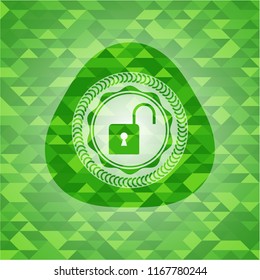 open lock icon inside green emblem with mosaic ecological style background