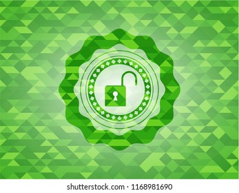 open lock icon inside green emblem with triangle mosaic background