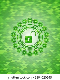 open lock icon inside green emblem with mosaic ecological style background