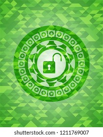 open lock icon inside green emblem with mosaic ecological style background