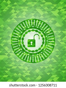 open lock icon inside green mosaic emblem