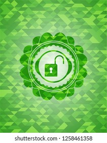 open lock icon inside green mosaic emblem