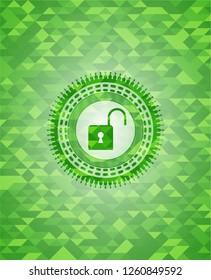 open lock icon inside green emblem with mosaic ecological style background