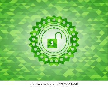 open lock icon inside green emblem with triangle mosaic background