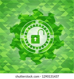 open lock icon inside green emblem with triangle mosaic background
