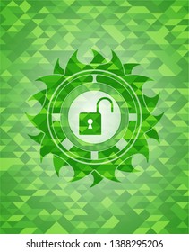 open lock icon inside green emblem. Mosaic background