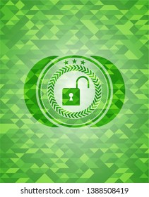 open lock icon inside green emblem with triangle mosaic background