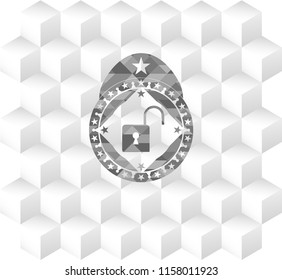 open lock icon inside grey badge with geometric cube white background