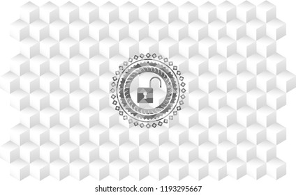 open lock icon inside grey badge with geometric cube white background