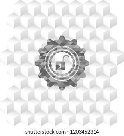 open lock icon inside grey badge with geometric cube white background