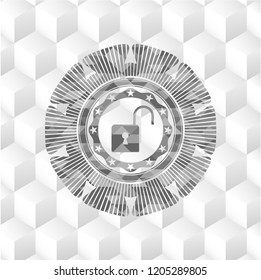 open lock icon inside grey badge with geometric cube white background