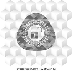 open lock icon inside grey emblem. Retro with geometric cube white background