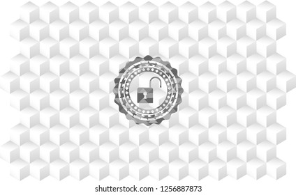 open lock icon inside grey badge with geometric cube white background