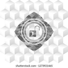 open lock icon inside grey emblem. Vintage with geometric cube white background