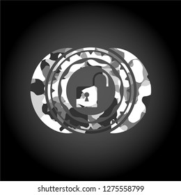 open lock icon inside grey camouflage texture