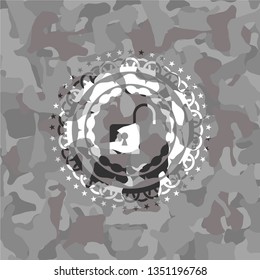 open lock icon inside grey camouflaged emblem