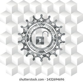 open lock icon inside grey emblem. Retro with geometric cube white background