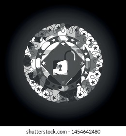 open lock icon inside grey camo texture