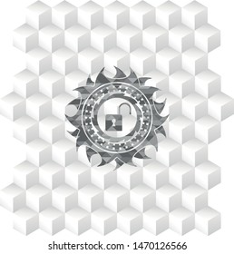 open lock icon inside grey badge with geometric cube white background
