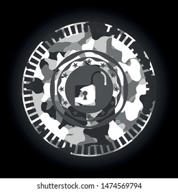 open lock icon inside grey camo texture