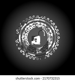 open lock icon inside grey camouflage texture. 