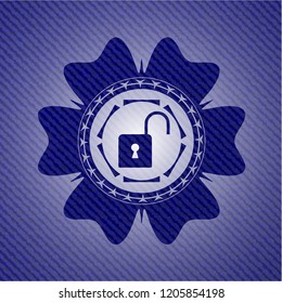 open lock icon inside jean or denim emblem or badge background