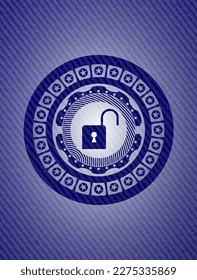 open lock icon inside jean or denim emblem or badge background. 