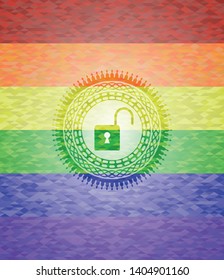 open lock icon inside lgbt colors emblem 