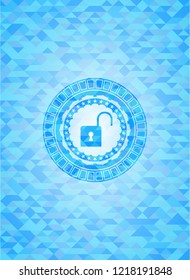 open lock icon inside light blue mosaic emblem
