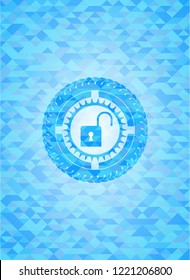 open lock icon inside light blue emblem with triangle mosaic background