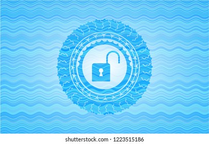 open lock icon inside light blue water wave emblem background.