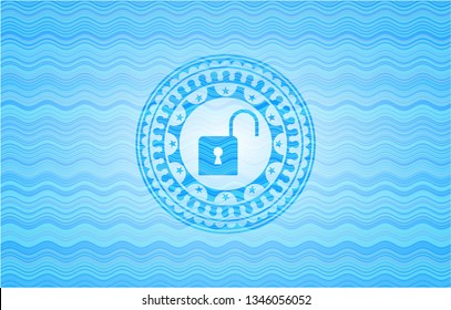 open lock icon inside light blue water wave badge.