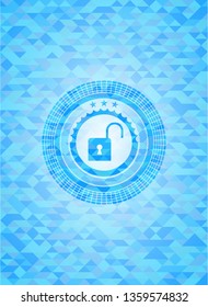 open lock icon inside light blue emblem. Mosaic background