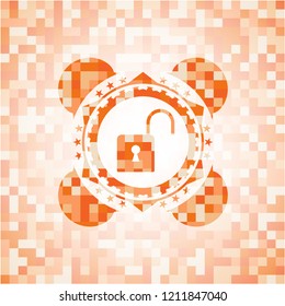 open lock icon inside orange mosaic emblem with background