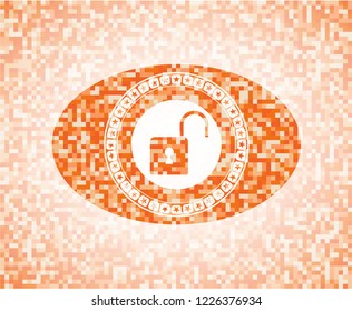 open lock icon inside orange mosaic emblem with background