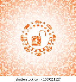 open lock icon inside orange mosaic emblem with background