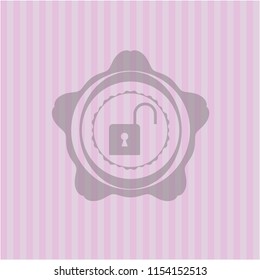 open lock icon inside pink emblem. Retro