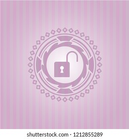 open lock icon inside pink emblem. Retro